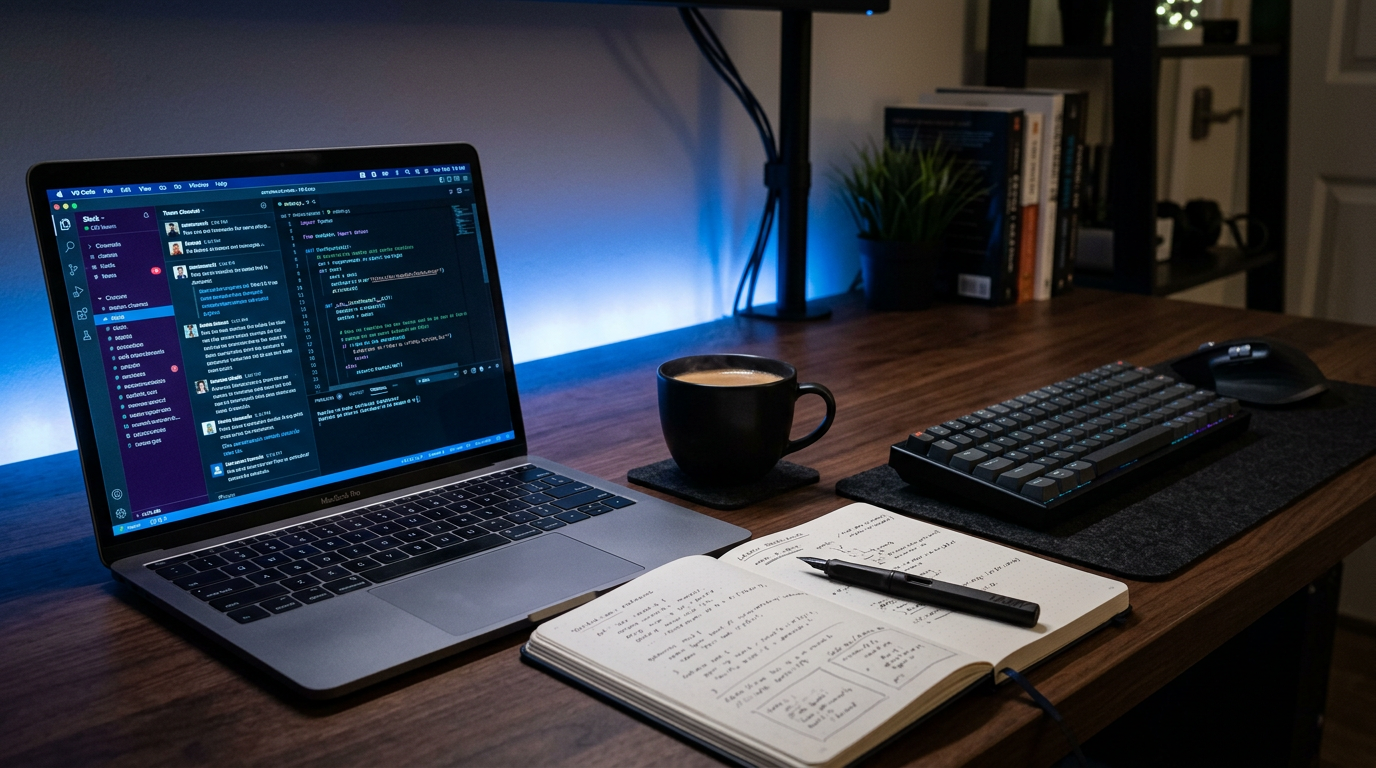 Developer desk setup with laptop ready for inquiry communications