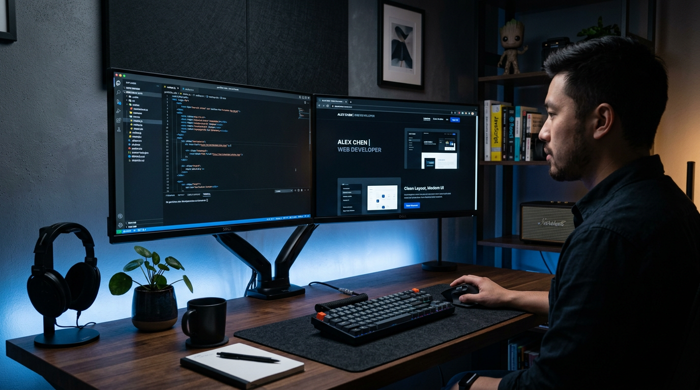Developer workspace with a portfolio site displayed across two monitors