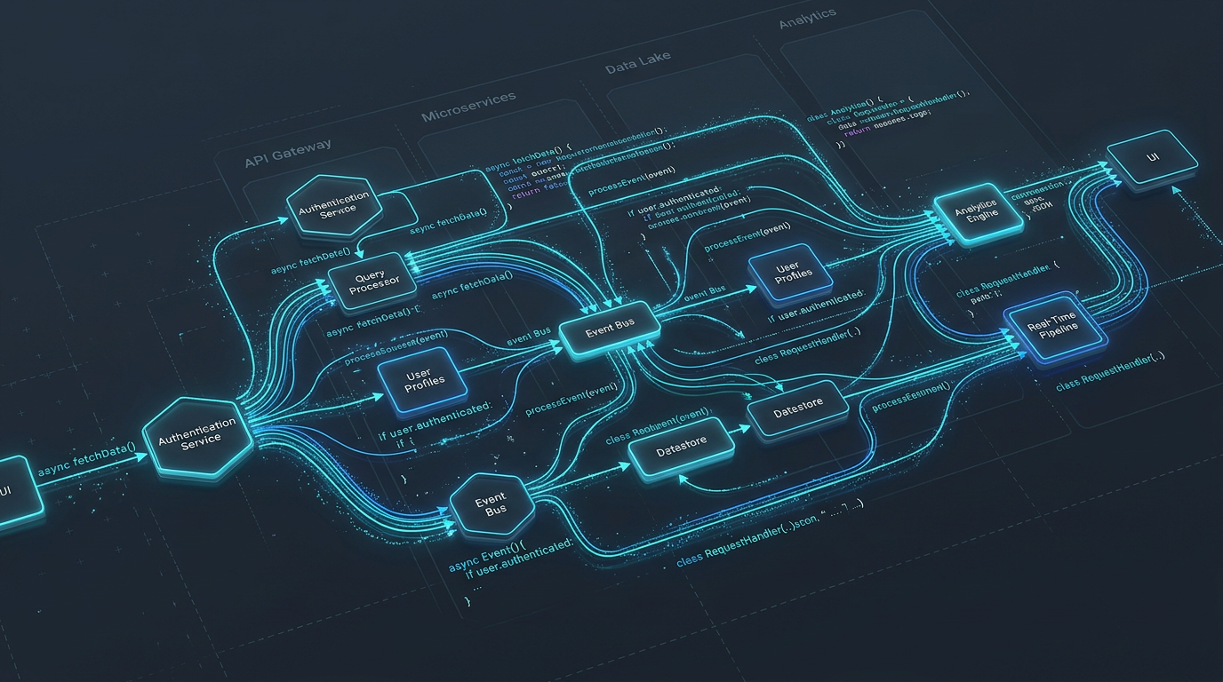 Abstract technical visualization of clean architecture and code flow