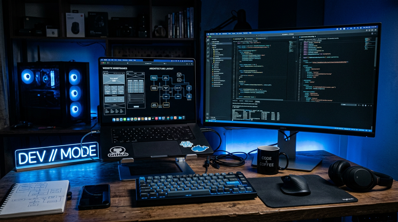 Developer setup displaying wireframes and layout strategy