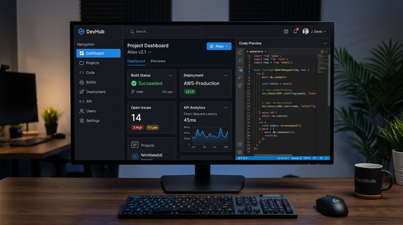 Developer code interface and dashboard mockup